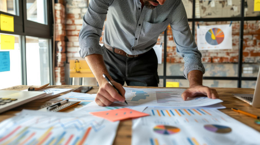 Ejecutivo revisando reportes financieros y gráficos en una oficina moderna como parte del proceso de planeación empresarial